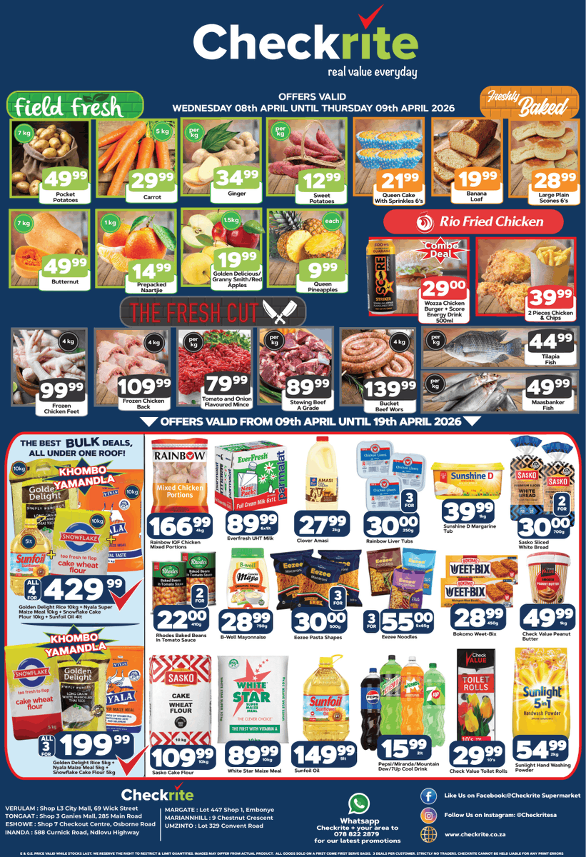 IsolezweNews's tweet photo. ISIKHANGISO | Ungaphuthelwa amadili amangalisayo.
#Checkrite #Supermarket #Weekly #Specials #FieldFresh #BulkDeals
> https://t.co/aTobSPATHg
@Checkrite_New https://t.co/45zmRhVrvO