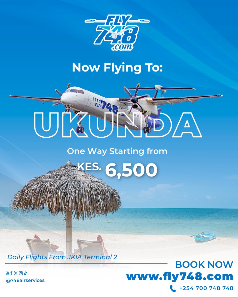 748AIR_SERVICES's tweet photo. Fly direct from Nairobi (JKIA) to Mombasa and Ukunda with ease. Whether it’s business or a coastal escape, enjoy a smooth, comfortable, and reliable journey with FLY748.