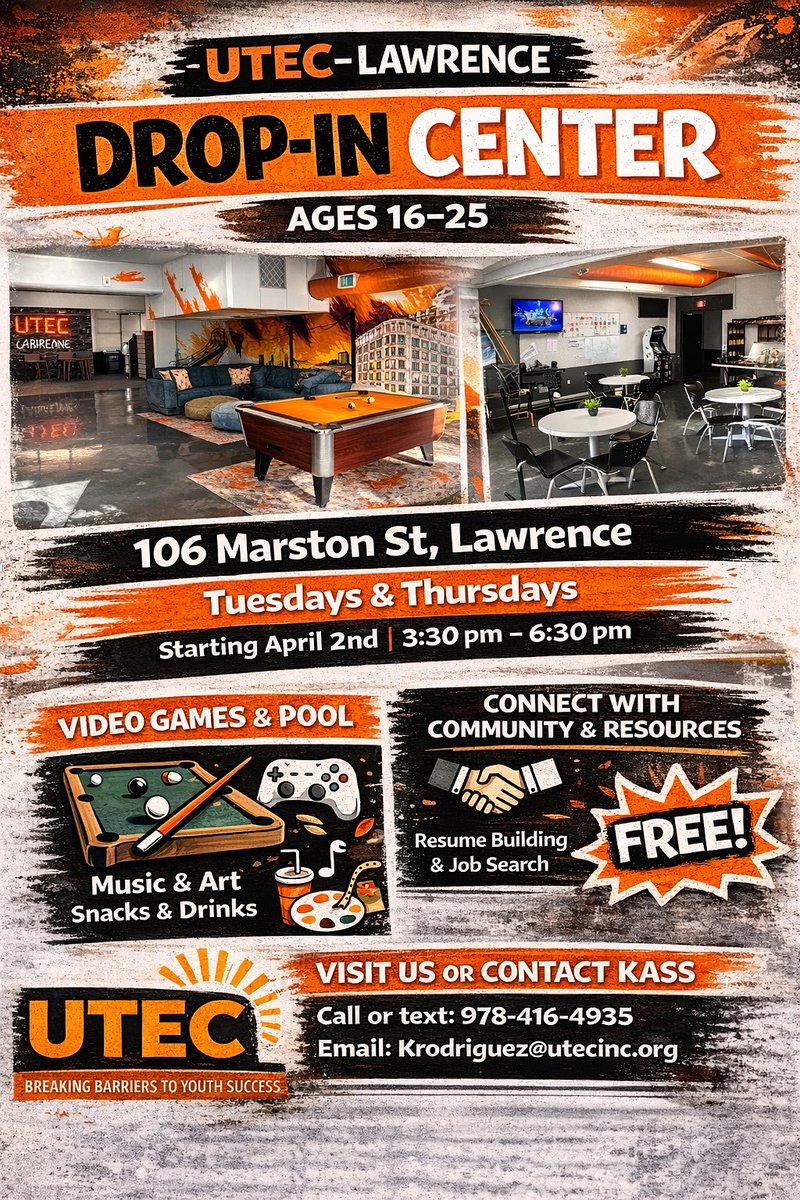 UTEC_inc's tweet photo. ATTENTION HAVERHILL & LAWRENCE! For the first time ever, UTEC drop-in hours are here 🙌
No need to sign up, just show up as you are. Kids welcome with an adult. Please share! #dropin #allwelcome #haverhill #lawrence https://t.co/ITj6b9bIXL