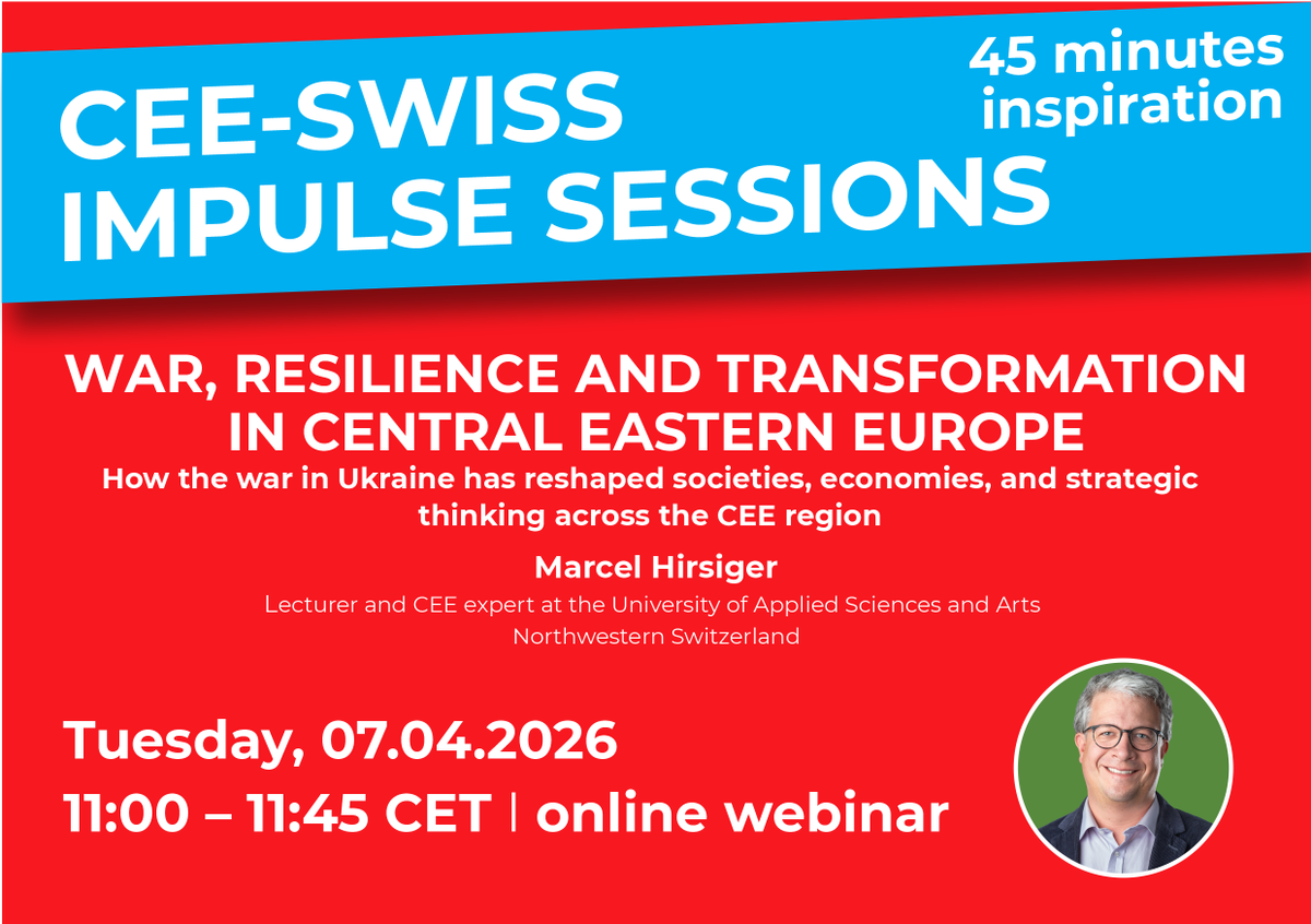 swissaal's tweet photo. We are glad to invite you to the next CEE-Swiss Impulse Session in cooperation with Chamber of Commerce Switzerland Central Europe (SEC).
War, Resilience and Transformation in Central Eastern Europe

For more information: info@swissa.al https://t.co/Weu4A1hA4I
