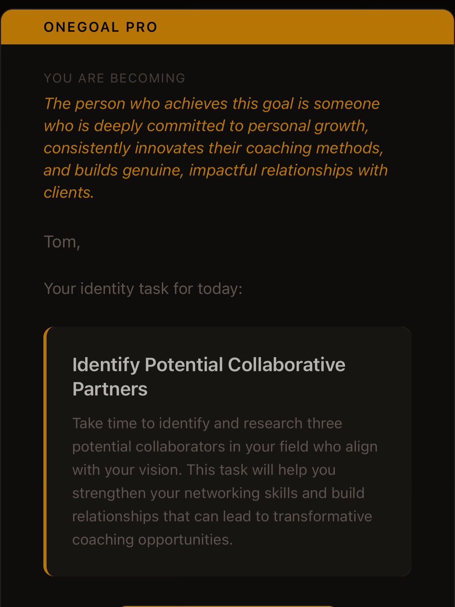 onegoalpro_'s tweet photo. This is what OneGoal Pro sends every morning.

Not a motivational quote. Not a reminder to “stay consistent.”

Your identity. Your goal. One specific task built around who you’re becoming.

That’s the product. Start yours free at https://t.co/LVnZkf09dR https://t.co/3myPQcECoV