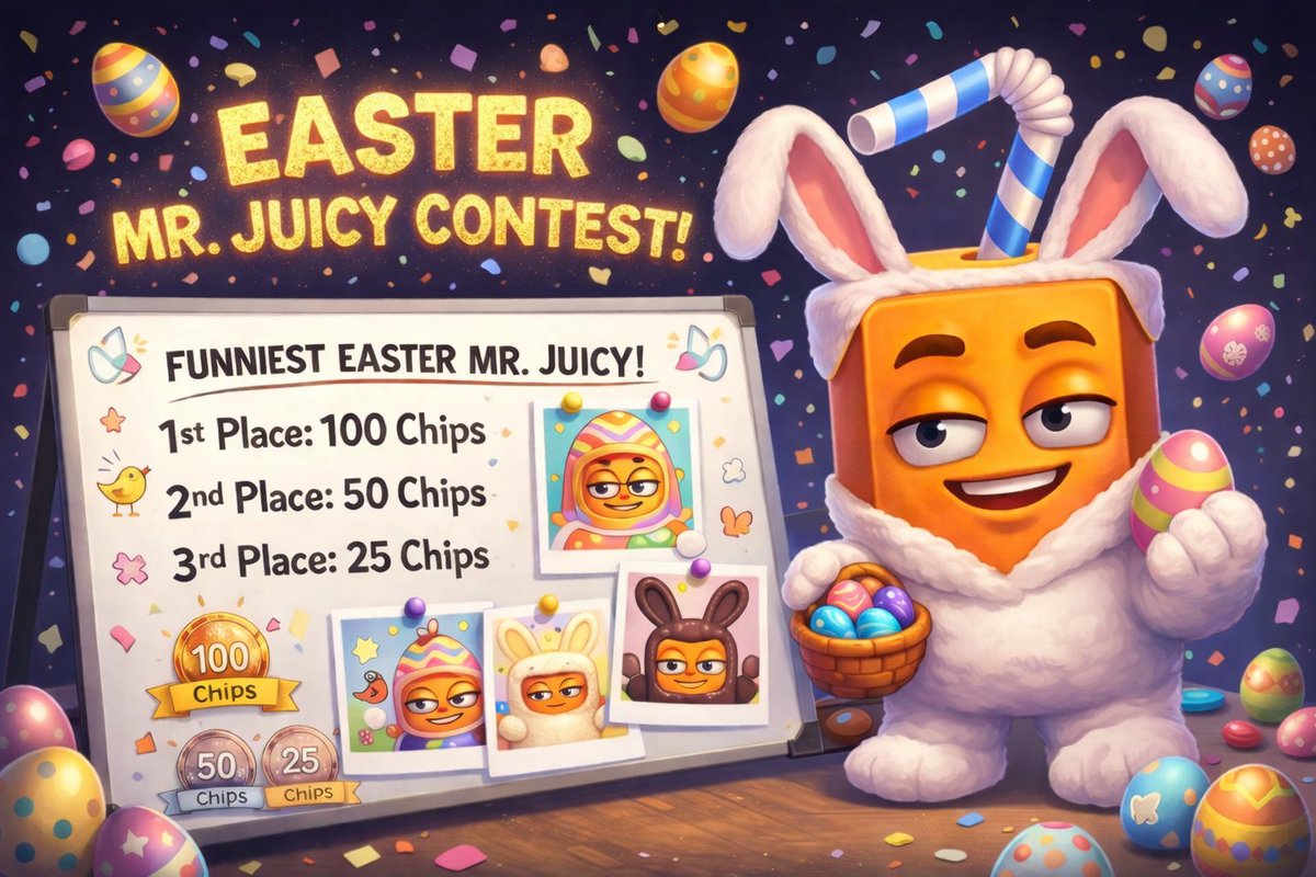 The Easter Mr Juicy Contest is LIVE 🐰🥚

Best Easter themed creation wins:
🥇 100 Chips
🥈 50 Chips
🥉 25 Chips

Repost, like, and reply with your Player ID for a chance to win some FREE JUICE!🧃