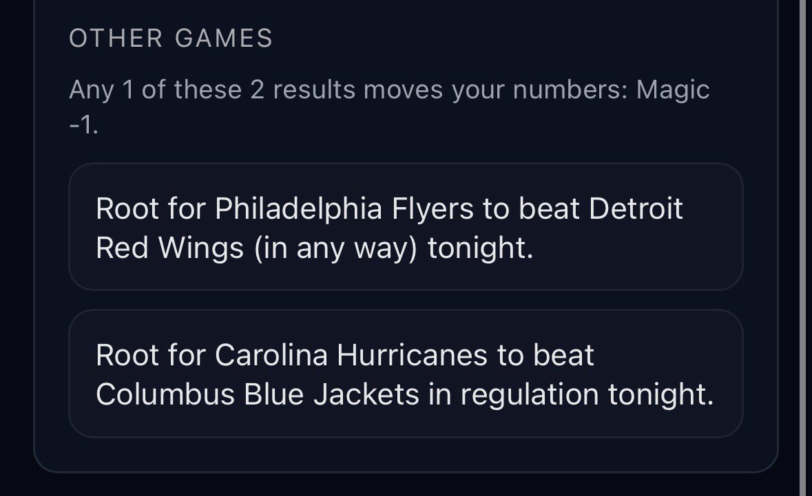 HKYMagicNumbers's tweet photo. The @NHLBruins and @CanadiensMTL can make a jump with @BuffaloSabres and/or @Canes wins while @Senators also looks for a @NHLFlyers win. 

As for the West - most teams look towards @NHLFlames and @MapleLeafs wins!

Full #MagicNumber breakdown for every game 👉 https://t.co/j2hV2guPIA #NHL #StanleyCupPlayoffs