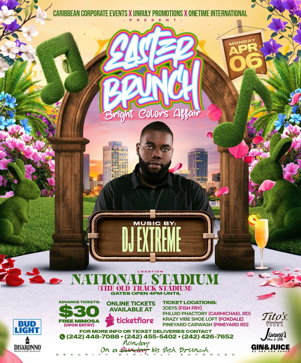 DjOnetimeisReal's tweet image. Your Official Djs with the Biggest Vibe for this EASTER HOLIDAY MONDAY 🌴 

EASTER 🐣 BRUNCH 🥂
Bright Color Affair 

PreSold Tickets $30Advance 

Tickets Outlets 
Joeys (Fish Fry)
Phluid Phactory (Carmicheal Road)
Krazy Vibe Shoe Loft (Foxdale Rd) 

#dayparty #brunch #bahams