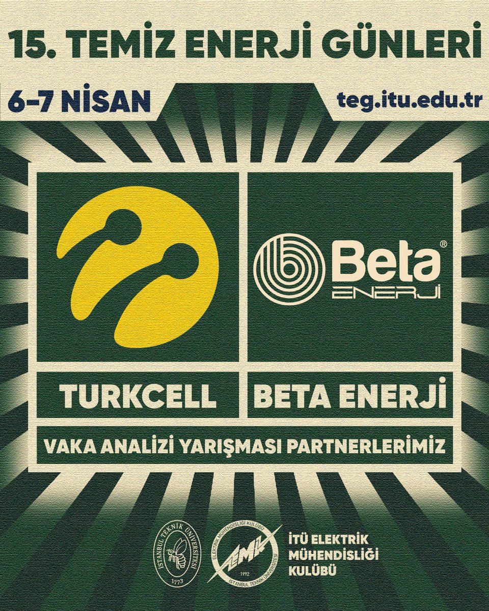 teg_emk's tweet photo. 6-7 Nisan tarihlerinde Süleyman Demirel Kültür Merkezi'nde gerçekleştireceğimiz 15. Temiz Enerji Günleri Vaka Analizi Yarışması'nın partnerleri Turkcell ve Beta Enerji
Airpods kazanabileceğiniz vaka yarışmasının son başvuru tarihi 3 Nisan Cuma Saat 23.59'dur. Link profilde!
#TEG https://t.co/1aNJAw1f15
