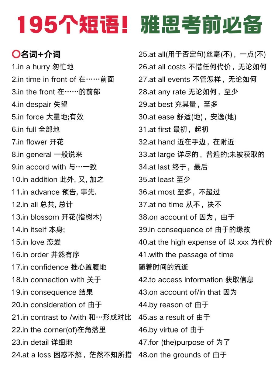 195个短语，雅思考前必备！ 想要取得理想的雅思成绩，根本还是要不断提升自己的英语能力，平时多积累词汇，多阅读英文文章，多刷题练习，这样才能在 ...