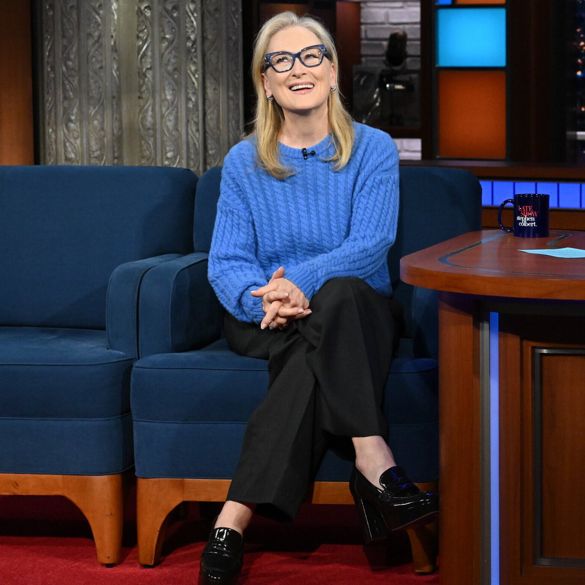 marieclaire's tweet image. The best time to wear a cerulean sweater is all the time 💙 

#MerylStreep took a page out of Andy's book during her appearance on @colbertlateshow last night. #DWP2 

(Photos: Shutterstock, ©2026 CBS Broadcasting)