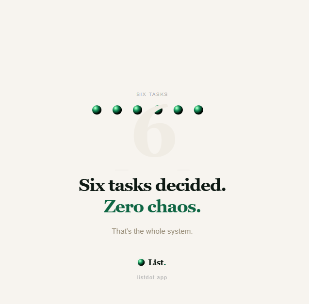 listdotapp's tweet photo. Six tasks decided. Zero chaos.
That's the whole system.
#productivity #focus https://t.co/SQfvkfqNlU