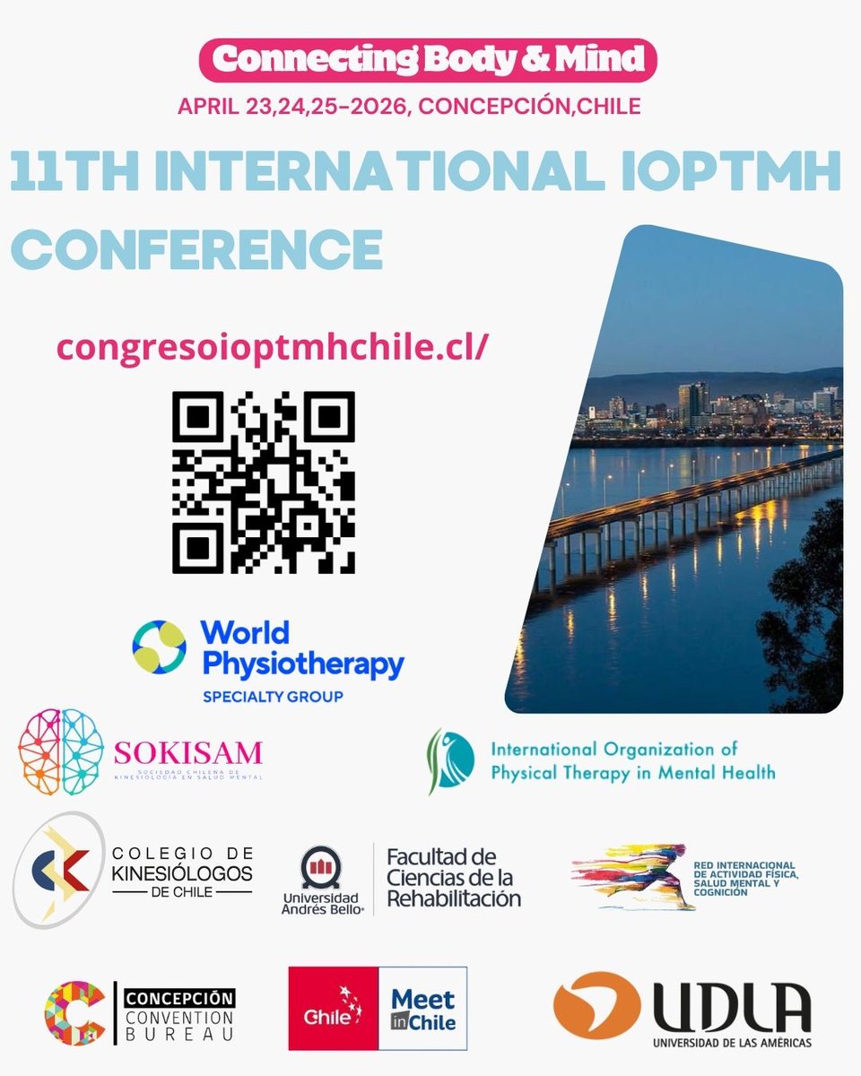 WorldPhysio1951's tweet image. Join our speciality group for the 11th International IOPTMH Conference, 23–25 April in Chile. Connect, share knowledge, and help shape the future of #Physiotherapy in #MentalHealth.

Register here: ow.ly/Tiab50YwNYg
#GlobalHealth #Rehabilitation #WorldPhysiotherapy