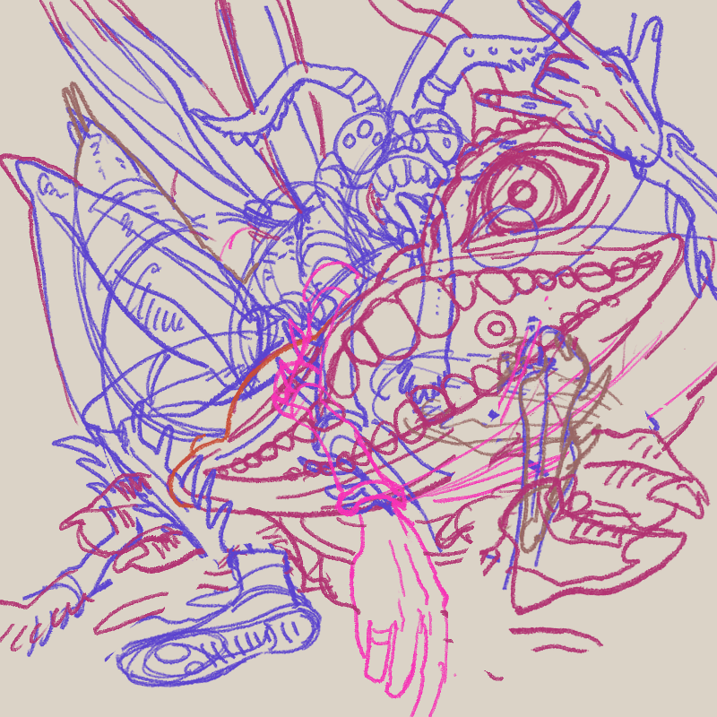 K_mayoi's tweet photo. ラフ
うろ覚えでムチムチにしたら設定全然違ったので描きなおしたLeighと、人外楽しい～～と思って書き殴った恋人達 https://t.co/Iu2vzeCQTb