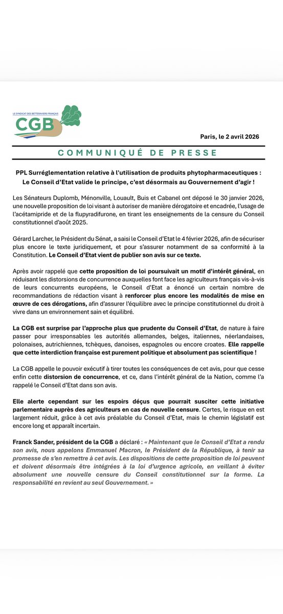 CGB_FR's tweet photo. [CP CGB] PPL Duplomb 2 : Le Conseil d’Etat valide le principe, c’est désormais au Gouvernement d’agir ! https://t.co/rErMPQSiV0