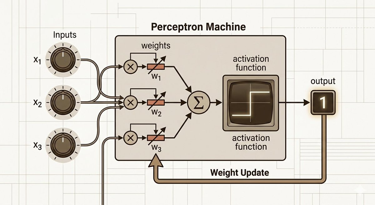 xjitroy's tweet photo. 3/3
3/3 Why does the Perceptron still matter in 2026?  It’s the foundation of every multilayer neural network and modern Deep Learning. Every LLM you use today stands on this tiny 1958 idea.  Roots matter! What’s your take?   @PerceptronNTWK
 #NeuralNetworks #AIHistory https://t.co/vB3w5faGUO