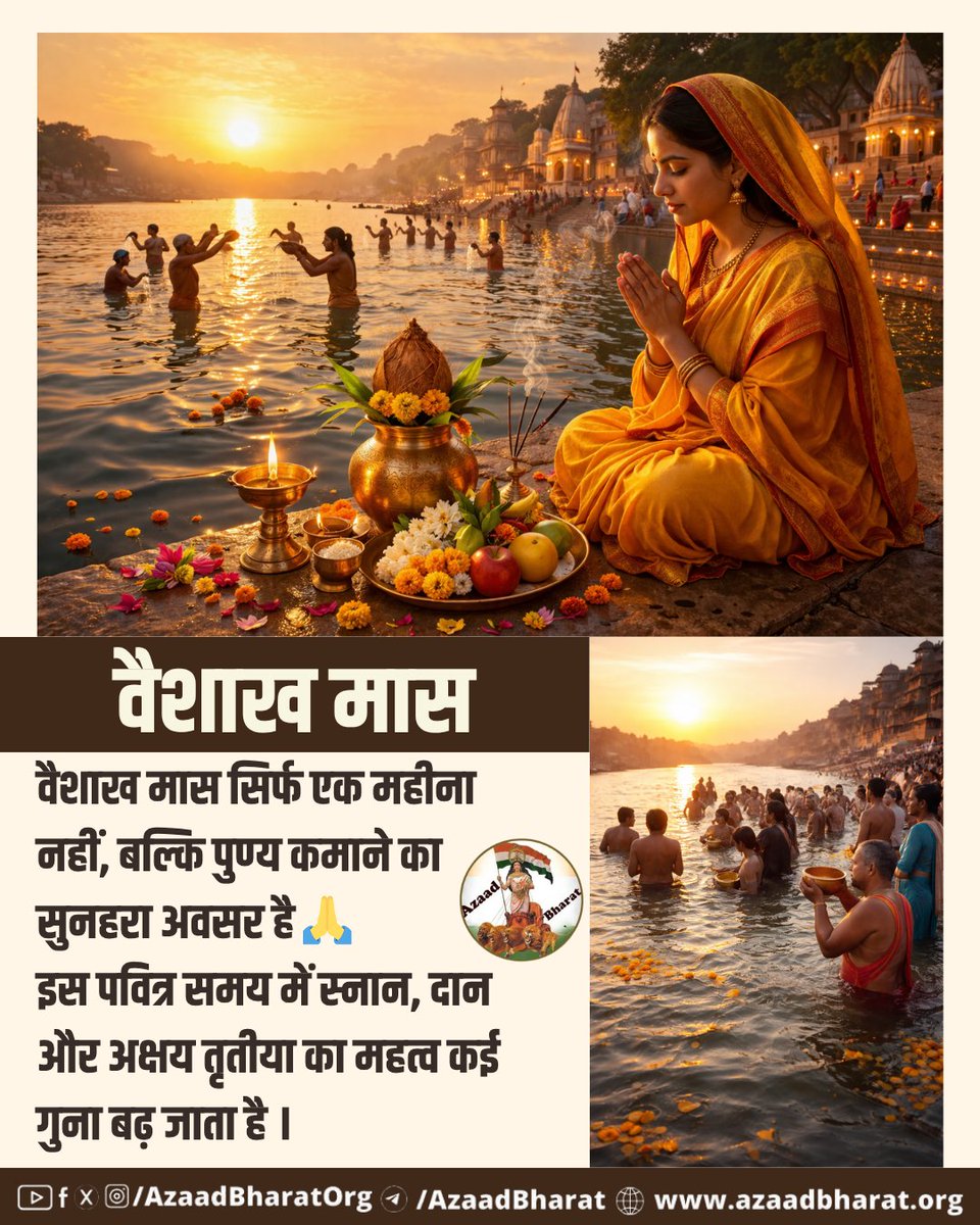 वैशाख मास धर्म, सेवा, संयम और साधना का संदेश देकर आत्मशुद्धि और पुण्य अर्जित करने का सर्वोत्तम अवसर है। इस दौरान व्यक्ति श्रद्धा और नियमपूर्वक पूजा, दान और सत्कर्म करें, तो जीवन में सकारात्मक परिवर्तन निश्चित रूप से आते हैं। पूरी पोस्ट पढ़े 👉🏻azaadbharat.org/?p=14303