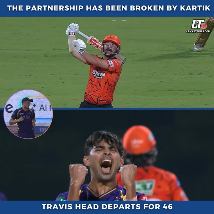 CricketTimesHQ's tweet image. Kartik Tyagi gets big wicket for KKR 👏

#cricket #KKRvsSRH #travishead #ipl2026 #CricketTwitter
