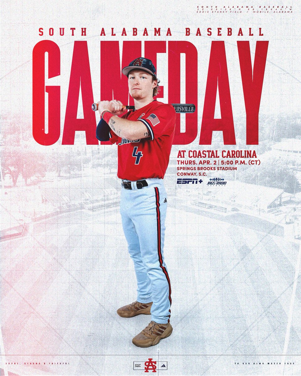 SouthAlabamaBSB's tweet image. Baseball on the Atlantic Coast 🌴

🆚 No. 14 Coastal Carolina
📍 Conway, S.C.
⏱️ 5:00 p.m. (CT)
📺 ESPN+
📻 Jags Radio Network
📊 usajags.co/3NGAXnL

#LSF