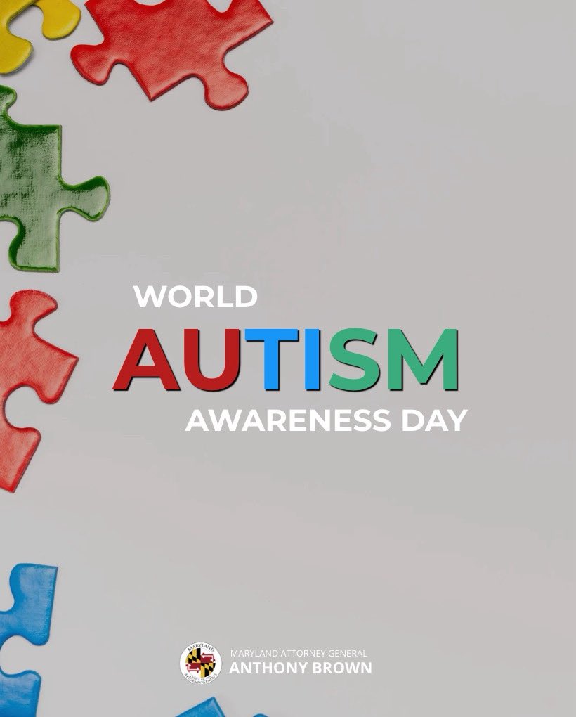 OAGMaryland's tweet photo. Today, on World Autism Awareness Day, I recognize the importance of understanding, acceptance, and support for individuals with autism and their families.

Every person deserves to feel safe, respected, and valued. That starts with listening, learning, and treating one another with care.

I am committed to protecting every Marylander and building communities where all people are treated with dignity. #WorldAutismAwarenessDay