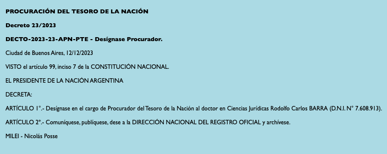 ngadano's tweet photo. El 12 de diciembre de 2023, Rodolfo Barra fue designado Procurador del Tesoro de la Nación por  decreto del flamante presidente Javier Milei https://t.co/FMzQgYfnTp