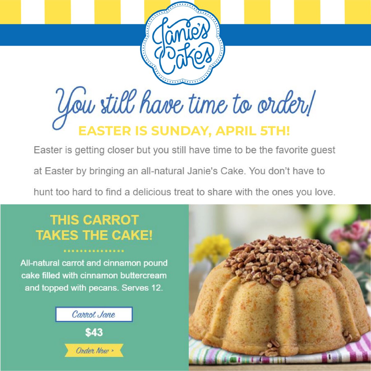 Get Ready for Easter! Order the perfect spring treat.

janiescakes.com/collections/ea…

Nationwide shipping last call is today by 1:30 PM CT.

Daily walk-in for pickup orders available today and Good Friday from 10AM - 5:30PM