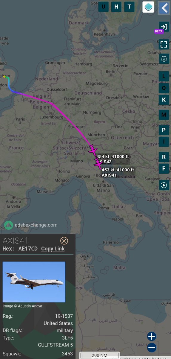 OSINT_MASR's tweet photo. Two American EA-37B COMPASS CALL electronic warfare aircraft are currently en route to somewhere in the Middle East.

•[#AXIS41] EA-37B (GLF5),
Reg: 19-1587 Hex: AE17CD.

•[#AXIS43] EA-37B (GLF5),
Reg: 17-5579 Hex: AE142E.

#EA37B #CompassCall #ADSBX https://t.co/1YaQIdhSMI