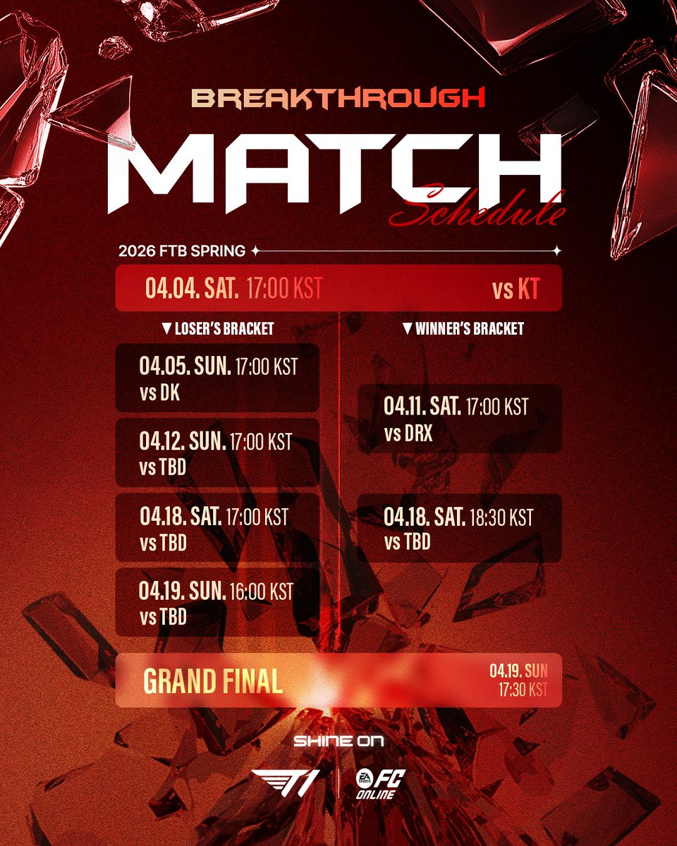 T1_official_gg's tweet image. ⚽𝟐𝟎𝟐𝟔 𝐅𝐓𝐁 𝐒𝐏𝐑𝐈𝐍𝐆 𝐌𝐀𝐓𝐂𝐇 𝐒𝐂𝐇𝐄𝐃𝐔𝐋𝐄⚽

#TogetherAs1 #Breakthrough #T1FCONLINE