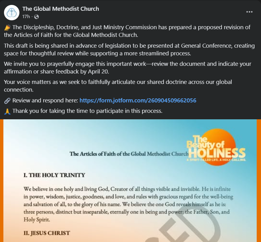 Unfortunate to see this being advanced. Hopefully my friends in the GMC will resoundingly reject this in full measure and retain the confession it has inherited.

“Methodist theology, which has spread during the last century over a very wide area of Christendom, is Catholic in