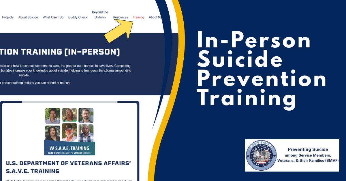 MOGovChallenge's tweet image. SUICIDE PREVENTION TRAINING (in-person)
The more people trained to recognize the early signs of suicide and how to connect someone to care, the greater our chances to save lives. 
mogovchallenge.com/training/
#Missouri #ServiceMembers #Veterans #MilitaryFamilies