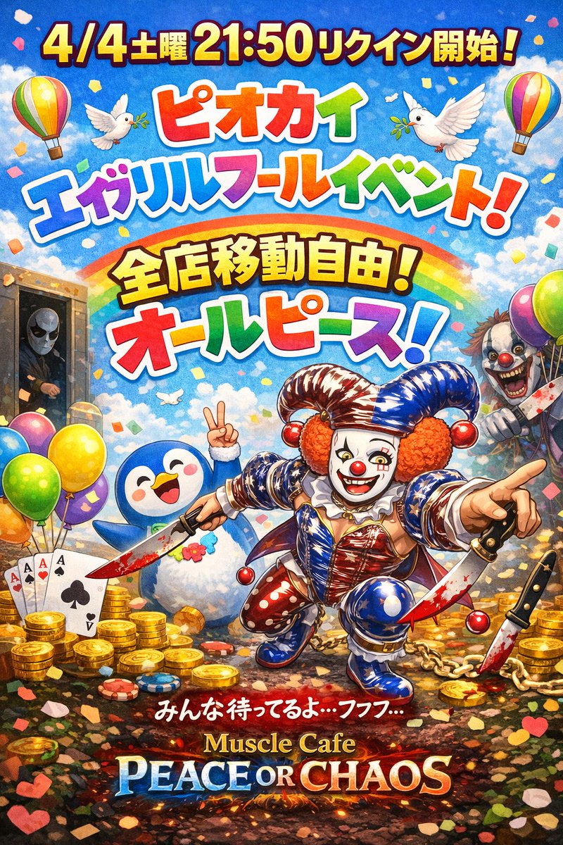 Peace_Or_Chaos's tweet photo. エイプリルフール特別営業 開催決定
4月4日21:50～ リクエストインバイト開始
今夜のピオカは、いつもと違う。
全店舗「PEACE」営業
自由に移動OK誰でも安心して楽しめる特別仕様
天国のような時間を、あなたに。

ただし――
その“平和”、本当に信じて大丈夫？
扉を開くかどうかは、あなた次第。 https://t.co/dqAwQjnBbv