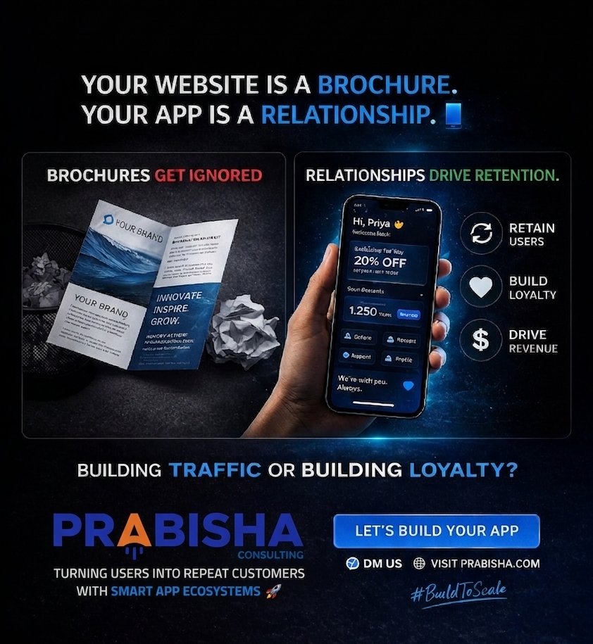 PrabishaCo's tweet photo. Your website is a brochure.
Your app is a relationship. 📱

Brochures get ignored.
Relationships drive retention.
Retention drives revenue.

In 2026, brands without an app strategy are handing their customers to competitors.

→ Are you building traffic or building loyalty? https://t.co/Ca6Nchv7QL