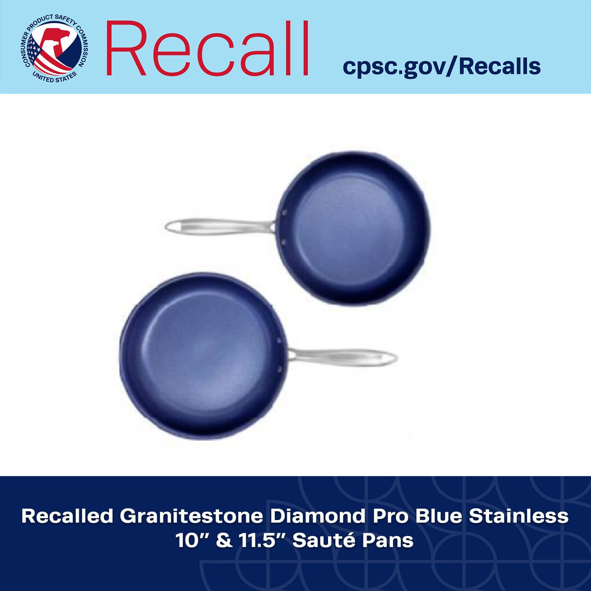 USCPSC's tweet image. #Recall: About 740k E Mishan Granitestone Diamond Pro Blue Stainless Sauté Pans; The metal cap on the screw that connects the sauté pan to the handle can become detached and forcefully eject when heated, posing impact/burn hazards to consumers. Get refund. cpsc.gov/Recalls/2026/E…