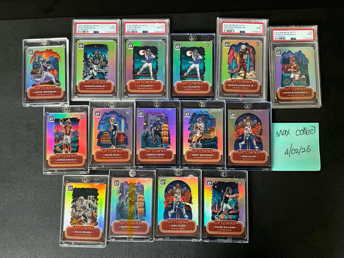 <a href="/CCsportscardsCo/">CCsportscardsCo</a> UPTOWNS
Justin Jefferson - $200
Saquon Barkley  PSA9 - $200
JJ McCarthy PSA 8 - $180
Marvin Harrison Jr. PSA9 - $280
Patrick Mahomes PSA 9 - $300
JJ McCarthy - $290
Jayden Daniel's - $300
Drake Maye - $185
Derrick Henry - $150
Terry Bradshaw - $135
Josh Allen - $260
Maxx-$120