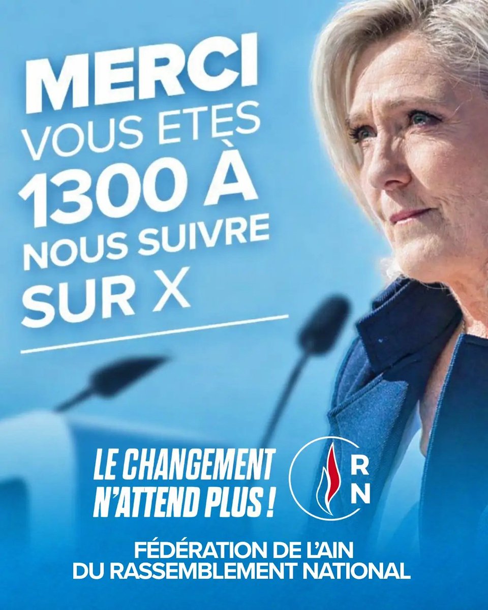 🔵💪 Déjà plus de 1300 patriotes à nous suivre sur X !

Votre mobilisation grandit chaque jour ! 

Face à ceux qui ont échoué, nous avançons, pour porter l’alternance !  

Tenez bon !

Rejoignez-nous sur nos réseaux ⤵️
linktr.ee/rassemblementn…