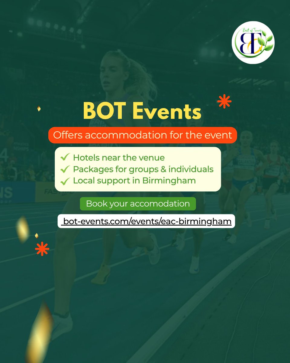 bot_events_'s tweet photo. Planning to attend?

BOT Events offers accommodation solutions for the event with hotels near the venue, tailored packages, and local support to make your stay seamless.

🔗 Discover more: https://t.co/fPdVC2V9b8

#BOTEvents #EuropeanAthletics #Birmingham2026 https://t.co/tAMyF73sOS