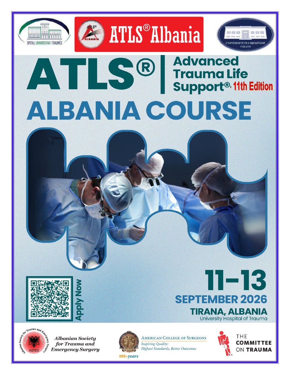 AlbaniaAtls's tweet photo. 🚀 Join the ATLS Provider (Student) Course, 11th Edition, on September 11-13, 2026, in Tirana, ALBANIA!
How to Apply: 
Fill out the registration form here: 🔗 https://t.co/1PXCztFKMj 
Scan the QR code in the picture
#ATLS_Albania #ASTES_org #UHT #Trauma_Surgery #ACS https://t.co/SgboRFFi50
