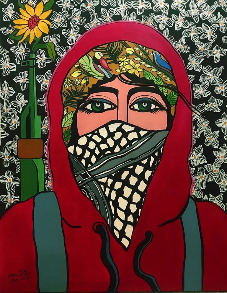 Boudicca61AD's tweet photo. A poignant painting "The Peace" (2023) by Palestinian artist 'Dina Mattar' A work buried under the rubble at the start of the Gaza Genocide during the bombings by the Zionist Oppressors in late 2023. https://t.co/GuPq3z1JMZ