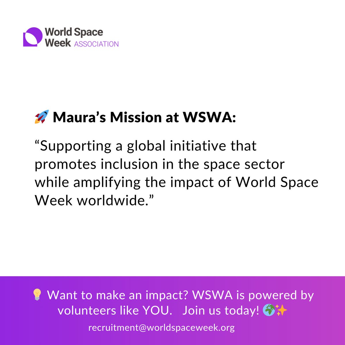 WorldSpaceWeek's tweet image. Meet Maura Purnama, WSWA’s 𝑃𝑅 𝑀𝑎𝑛𝑎𝑔𝑒𝑟. She promotes the organization and its events worldwide, engaging the public, media, and partners to celebrate and inspire interest in space.

#WSW2026 #WorldSpaceWeek