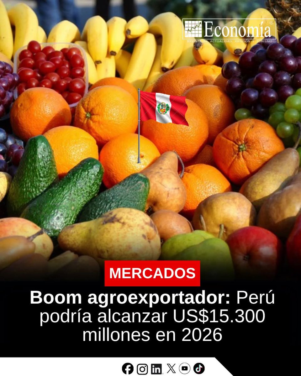 GLORIAMari22066's tweet photo. 🇵🇪 📈Las agroexportaciones peruanas podrían alcanzar US$15.300 millones en 2026, marcando un nuevo récord histórico y un crecimiento de 4,8%, según estimaciones del CIEN-ADEX. 

#Agroexportaciones #Perú #ADEX #Agroindustria #Exportaciones #EconomíaPeruana #ComercioExterior https://t.co/pJEmrujsy6