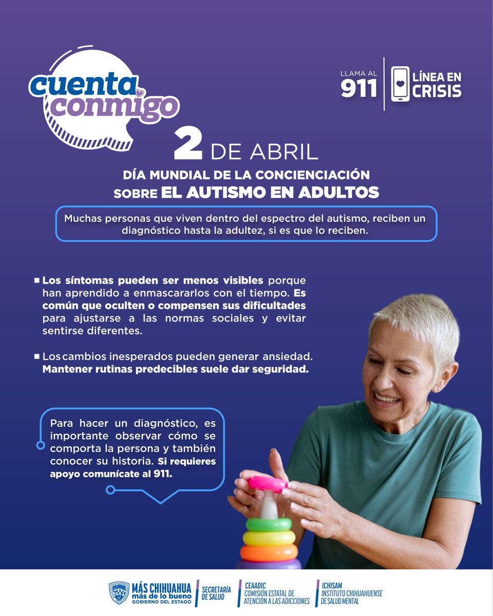 Las personas adultas que viven dentro del Trastorno del Espectro Autista pueden presentar altos niveles de ansiedad y otras dificultades que afectan su calidad de vida.

#CuentaConmigo
#Maschihuahuamasdelobueno
#Hablemosdeadicciones
#Hablemosdesaludmental