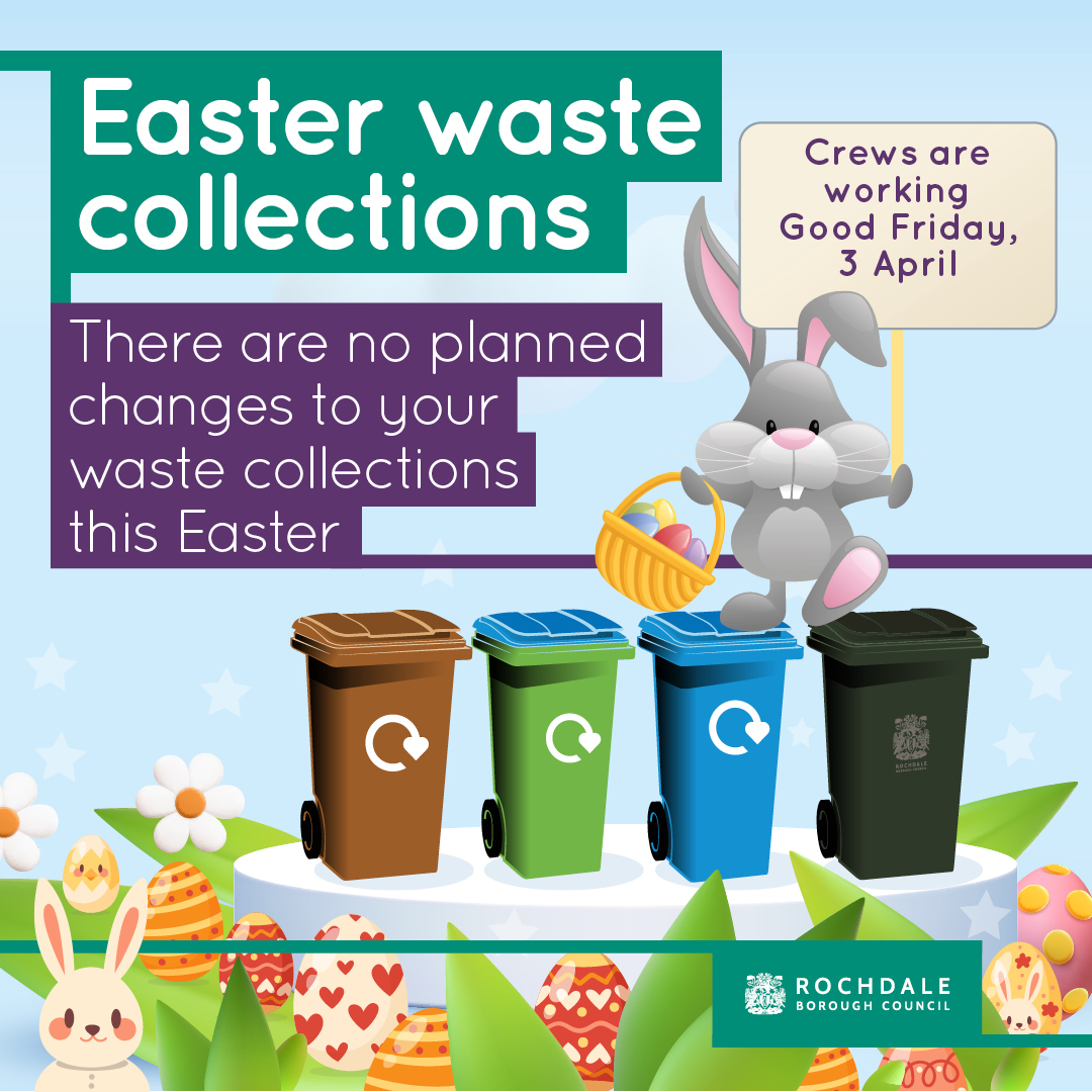 RochdaleCouncil's tweet image. There are no planned changes to waste collections and crews will be working as usual this Good Friday, 3 April.

The recycling centres will also be open daily from 8am - 8pm for all your Easter weekend DIY plans!

#Easter #recycling #wastecollection #GoodFriday