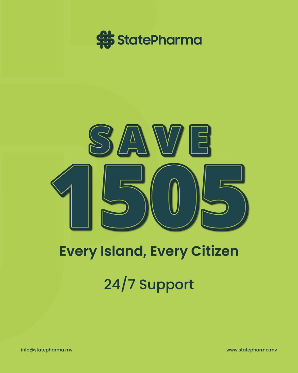 statepharmamv's tweet photo. Save 1505. 24/7 medicine support, nationwide. 

#StatePharma #everyisland #everycitizen #equitableaccess #uninterruptedsupply https://t.co/rflTMxGwKX
