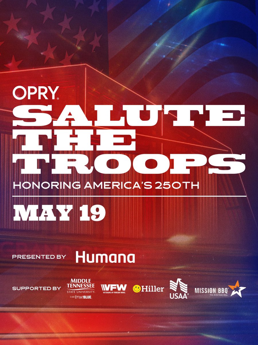 opry's tweet photo. Join us on May 19th as we honor our troops and America’s 250th. This powerful night will feature the 100th US Army Band, plus performances from Opry member and Army veteran @cmorganmusic, Opry member @Lauren_Alaina, @thewarandtreaty, and more of country’s biggest stars. 

Presented by @Humana and proudly supported by @VFWHQ, Middle Tennessee State University (@MTSU), @HappyHiller, @USAA, and @MissionBBQ. This is one of the Opry’s most meaningful traditions. Don’t miss it! 

Get tickets: https://t.co/gKFArXCizi