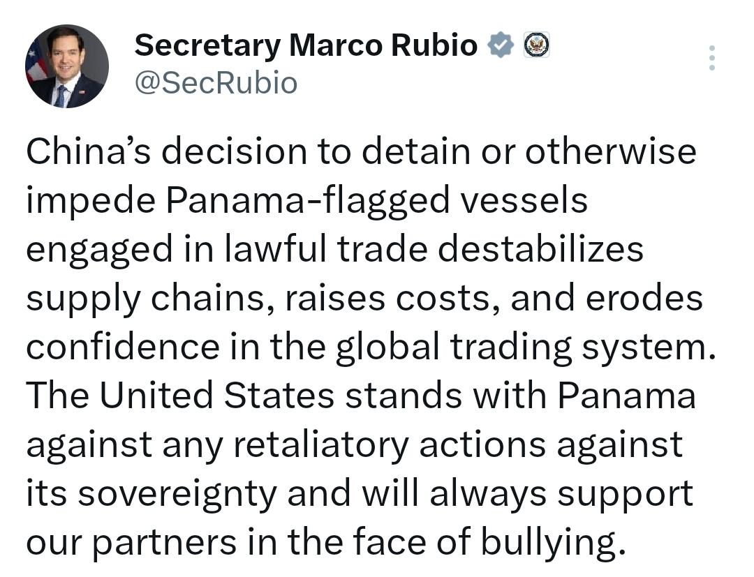 Marco Rubio le planta cara a China: EE.UU. respalda a Panamá y rechaza el sabotaje a sus barcos.
