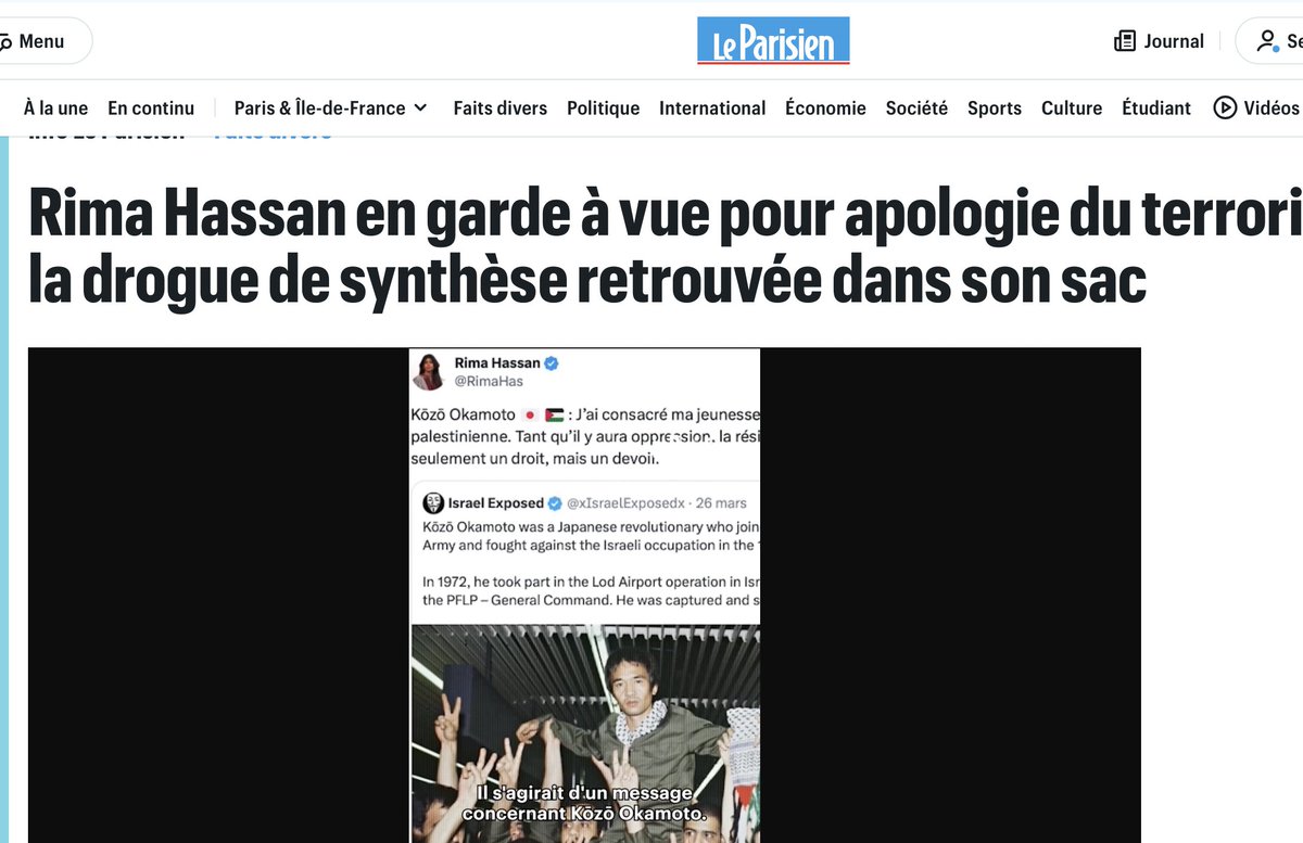 Coordinated "Western" repression:

After she was banned from Canada, French member of the European Parliament <a href="/RimaHas/">Rima Hassan</a> was arrested in Paris today for a tweet. Police also claim they found a "synthetic drug" in her bag after she came to the police station to turn herself in