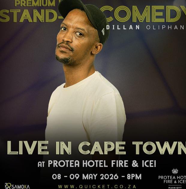 rabelaniCPT's tweet image. 8 and 9 May 2026

Venue Protea Hotel Fire &amp;amp; Ice  Cape Town 

Join @dillanoliphant live in Cape Town 

tickets at 
@QuicketSA
 click quicket.co.za/events/363112-…

@Visit_CapeTown
 #capetowncomedy #comedy #laugh 

@SAMOKA_SA

#CPTgigs 

Cape town gig guide