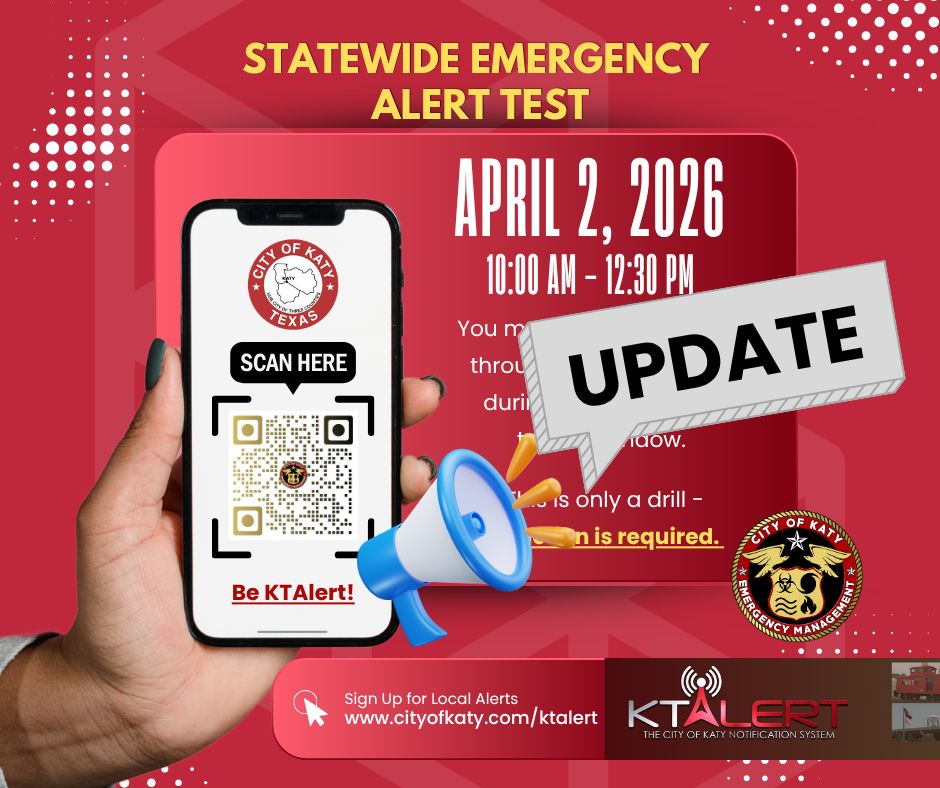 🚨 KTALERT Test Message Update 🚨

The City of Katy has successfully sent out test messages today through our KTALERT emergency notification system.

🔔 Please do not unsubscribe or disable alerts

Thank you for your patience and for helping keep Katy safe and prepared.