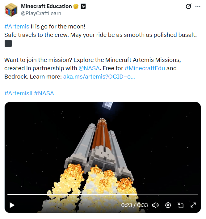 MAJ_Madden's tweet image. #Artemis II is go for the moon! 
 
@PlayCraftLearn Wants you to know that you can join the mission! 
Explore the Minecraft Artemis Missions, created in partnership with @NASA, Free for #MinecraftEdu and Bedrock!
education.minecraft.net/en-us/discover…