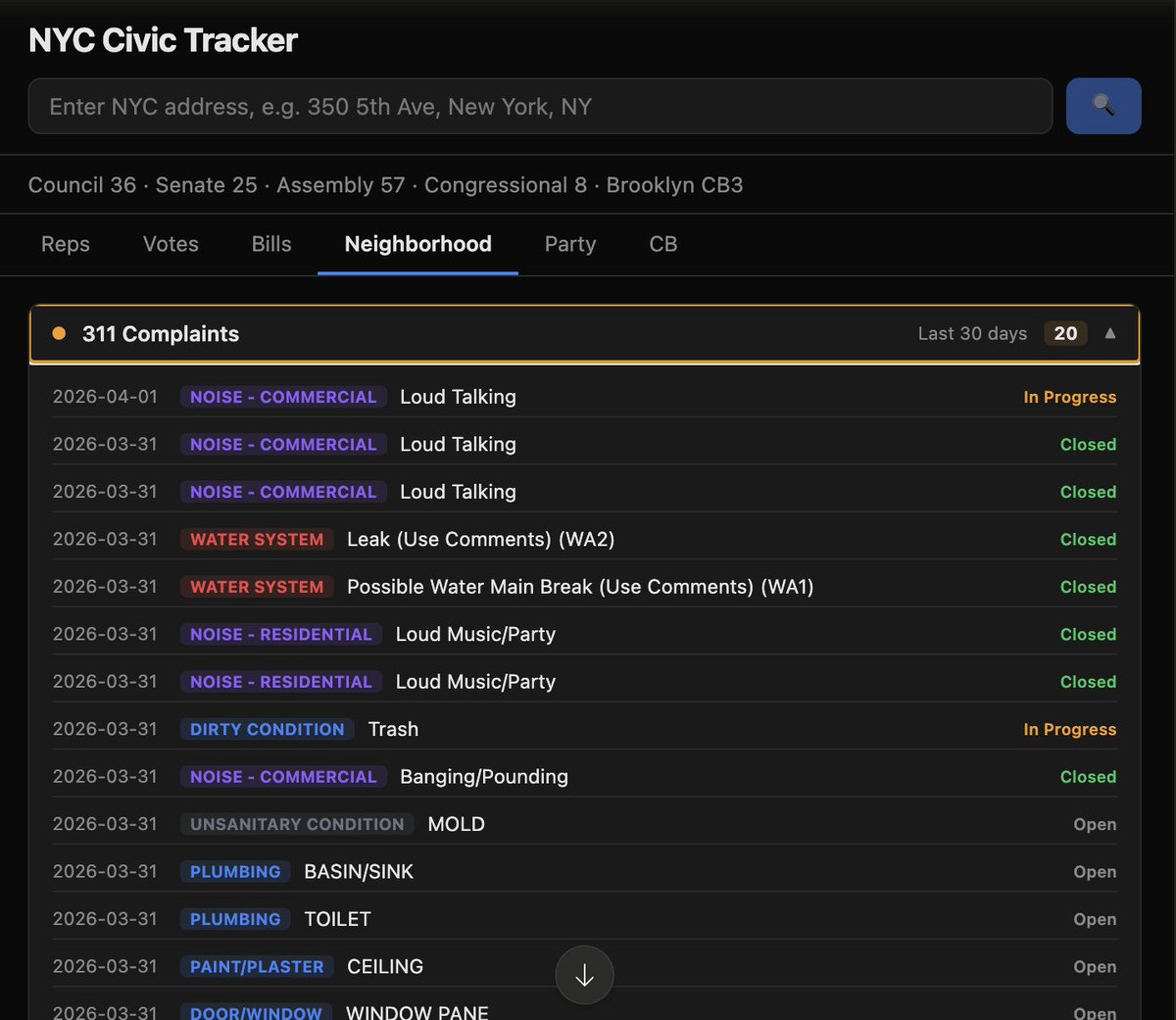 timncox's tweet photo. I built an open-source MCP server that gives AI agents (and you!) real-time access to NYC civic data.

Type any address → get your 6 elected reps, their voting records, 311 complaints, crime stats, building violations, legislation, and more.

https://t.co/rG2TrCq9w9 https://t.co/NbfeBG1AZ9