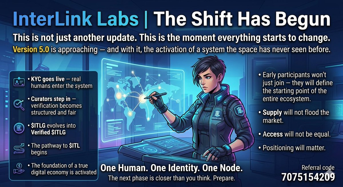 He1234h's tweet photo. Most people will wait.
Smart people will position.
V5.0 activates Verified $ITLG.
Supply won’t flood.
Access won’t be equal.
Early participants define the ecosystem.
#Interlink #ITLG #ITLX #ITL #InterLinkAmbassador https://t.co/aWrWSfhRLH