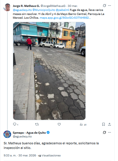 JorgeRMatheusG's tweet photo. @aguadequito @MunicipioQuito @pabelml Buen día, insisto nuevamente en la reparación de la fuga de agua, no hubo ninguna inspección https://t.co/zwgaWVZFuR