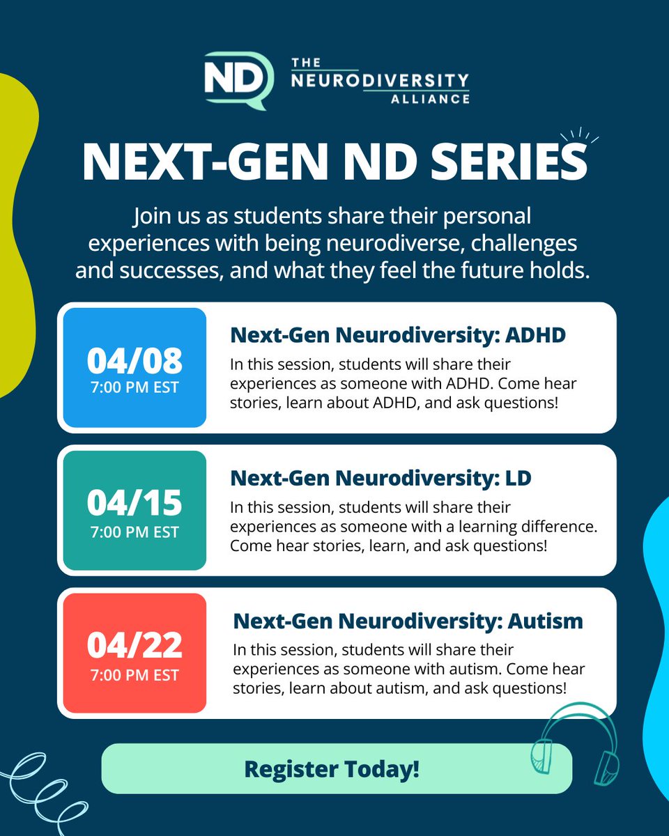 theNDalliance's tweet image. Our Next-Gen Neurodiversity series is all about real students sharing what it’s like and finding people who actually understand.

🔗 Add to your calendar and register here: bit.ly/4bDME7E

#ADHD #autismacceptance #learningdifferences #NDproudtobe #nextgen