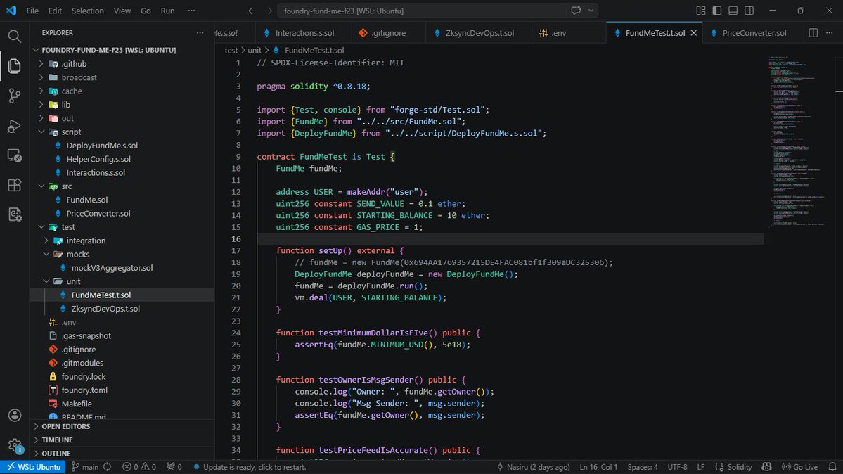 Nasintech's tweet image. Day 25 of becoming a Smart Contract Developer🔥

Revised the Foundry FundMe  and Reflected on the code. I Later Progressed to the Smart Contract Lottery Section where i learnt about: 

✅Solidity style Guide
✅events and emits
✅block.timestamp

@CyfrinUpdraft #Web3 #Foundry